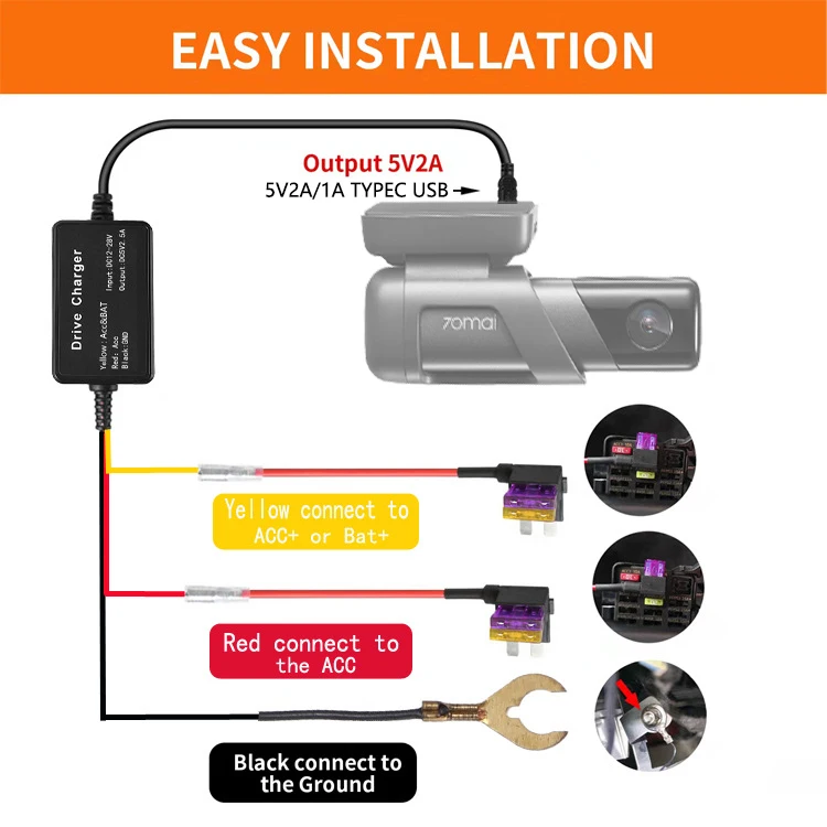 ドライブレコーダー 70mai dash Cam 駐車監視ケーブル 128GB 70mai用ハードワイヤーキット,監視ケーブルのみ,駐車監視用,m500