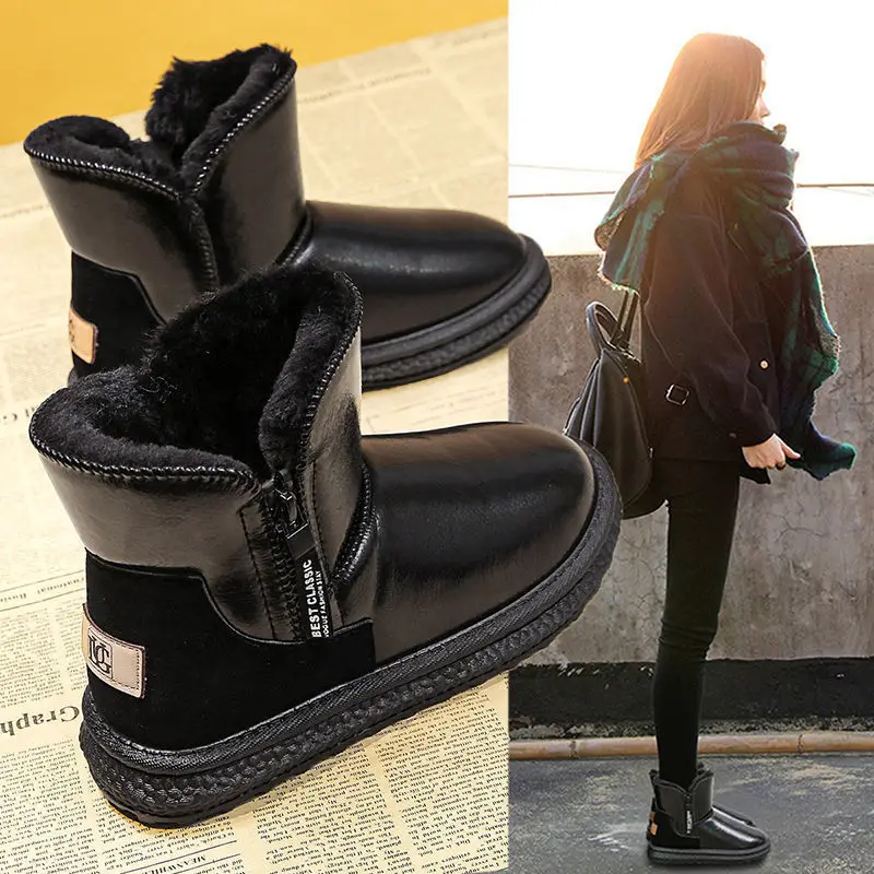 Botas de nieve para mujer, zapatos gruesos de terciopelo con impermeables, antideslizantes, piel zapatos y botas de algodón cálidos de invierno| | - AliExpress