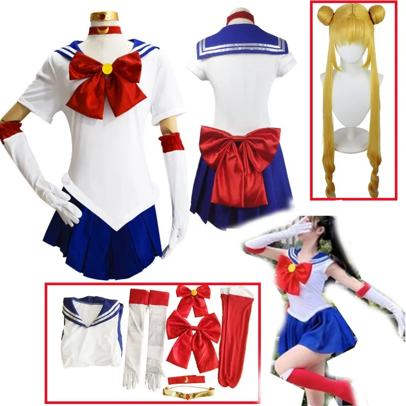 

Anime Sailor Moon Cosplay Costume Tsukino Usagi Uniform Dress Outfits Cosplay Yellow Wig Halloween Carnivl Party Women Kids