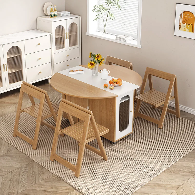 Multifunctional Dining Room Sets Folding Dining Table Chairs Household Round Removable Retractable Wood Muebles De Cocina