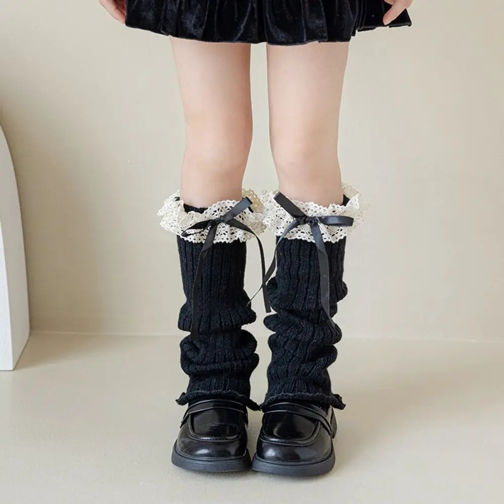 Fashion Harajuku Bow Ribbon Leg Warmers Long Stockings Sweet Lolita Knitted Socks Solid Color Kawaii Knitted Foot Cover Autumn