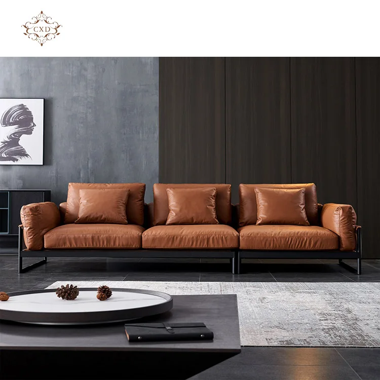 

Italian Style Set Furniture Metal Frame Shape Corner 3 Seat Modern PU Leather Living Room Sofa