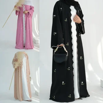 Long Sleeved Open Wavy Abaya For Women Embroidery Flower Kimono Cardigan Dubai Muslim Loose Burqa Islamic Dress Robe Kaftan