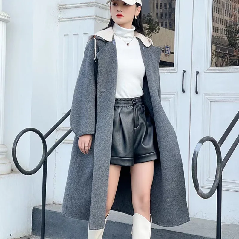 

2023 Classic hooded double-sided woolen coat for women's 10 cashmere high-end feeling, simple and fashionable Korean version