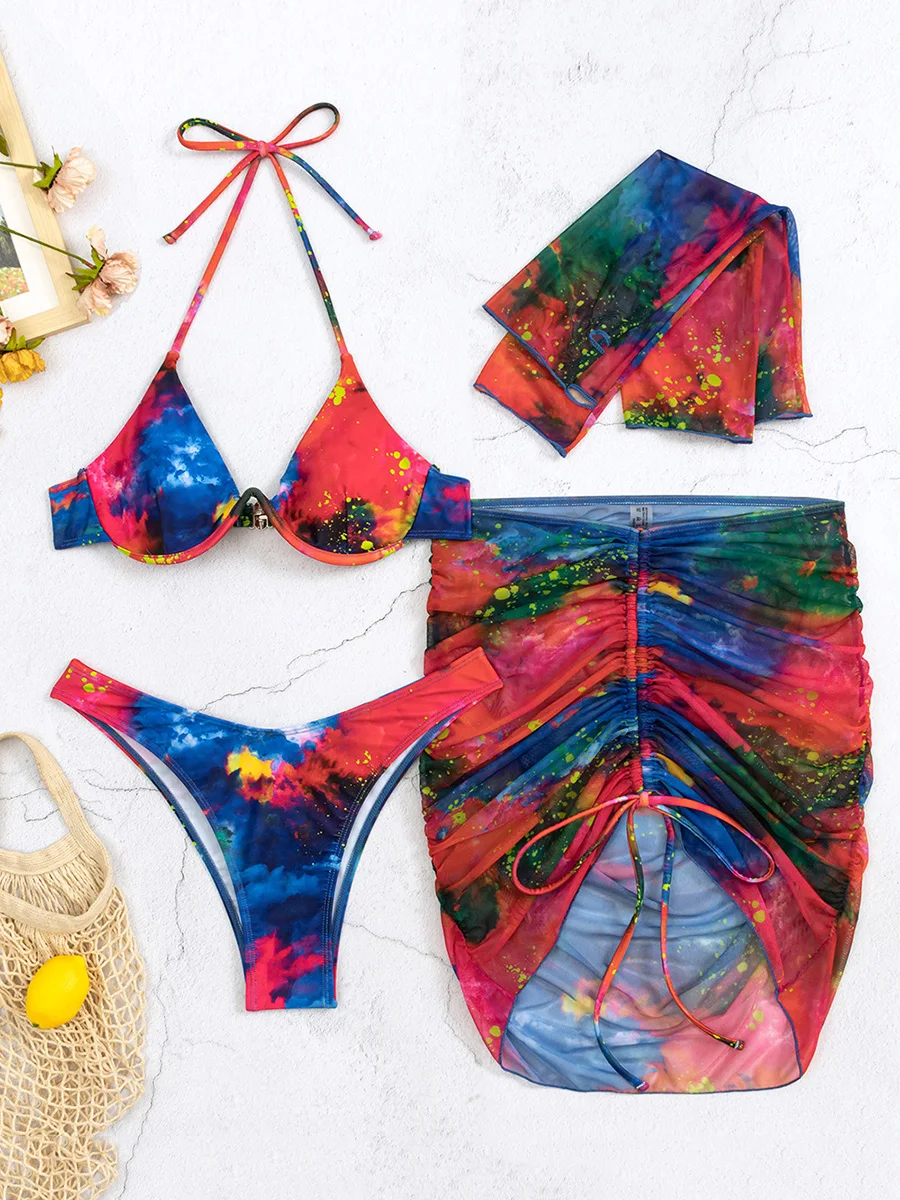4 PCS Tie Dye With Mesh Sarong Underwired Bikini Female Swimsuit Women Swimwear Four-pieces Bikini Bathing Suit Swim Beachwear