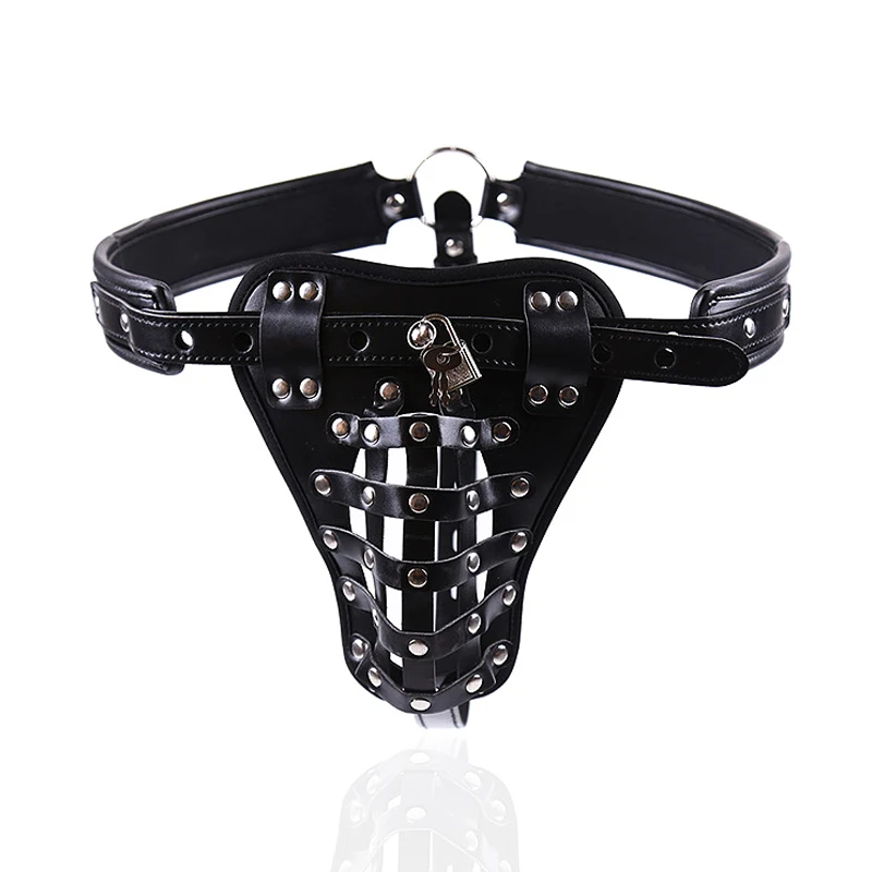 Mens Lingerie Sexy Underwear Fetish Crotchless Chastity Leather Panties Harness Briefs Hollow Out Jockstrap G-string With Lock