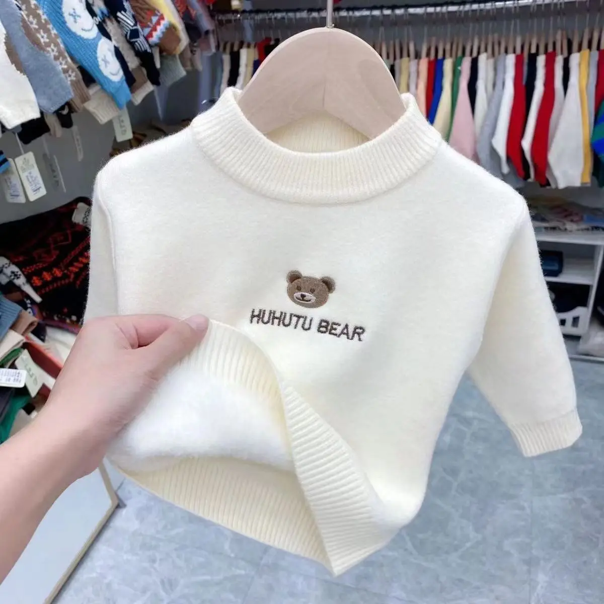 Childrens One Piece Plush Baby Sweater New Embroidered Half High Collar Autumn Winter Pullover For Boys And Girls With Bottom