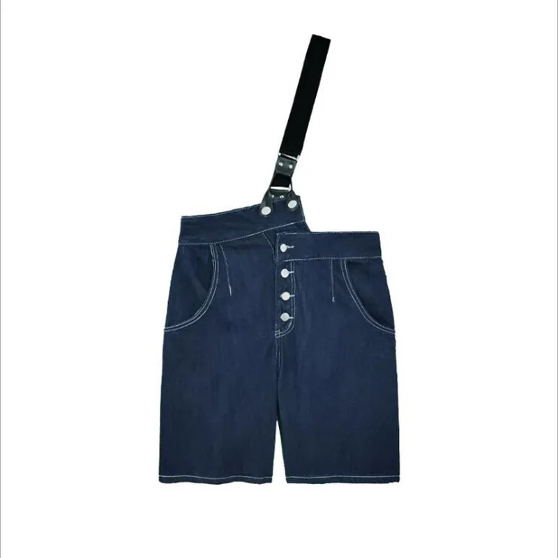 Ladies Summer One-shoulder Denim Overalls Knee-length Denim Trousers Loose One-shoulder Streetwear Causal Jumpsuit Overall
