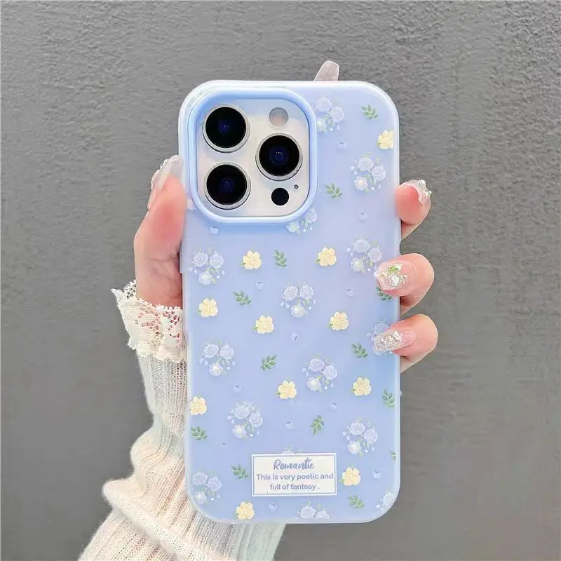 Luxury Pink Blue Floral Shockproof Matte Phone Case