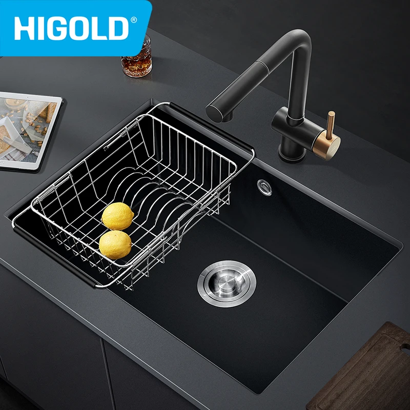 HIGOLD 28 Inch Kitchen Quartz Sink Narrow Sides Large Single Sink Household Undercounter Dishwasher