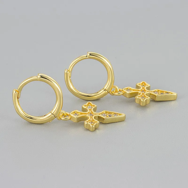 Silver Color Rhinestone Cross Pendant Hoop Earrings for Women Men Awesome Hiphop Earring Party Jewelry Gifts Wholesale