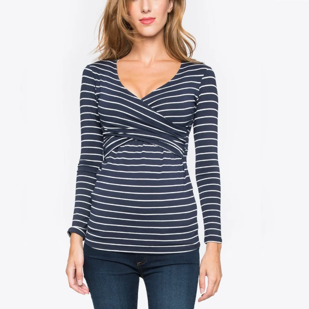 New Pregnant Women T-shirt Maternity Blouse Breastfeeding Casual Long Sleeve Tops Striped Pregnancy Breast Feeding Nursing Shirt