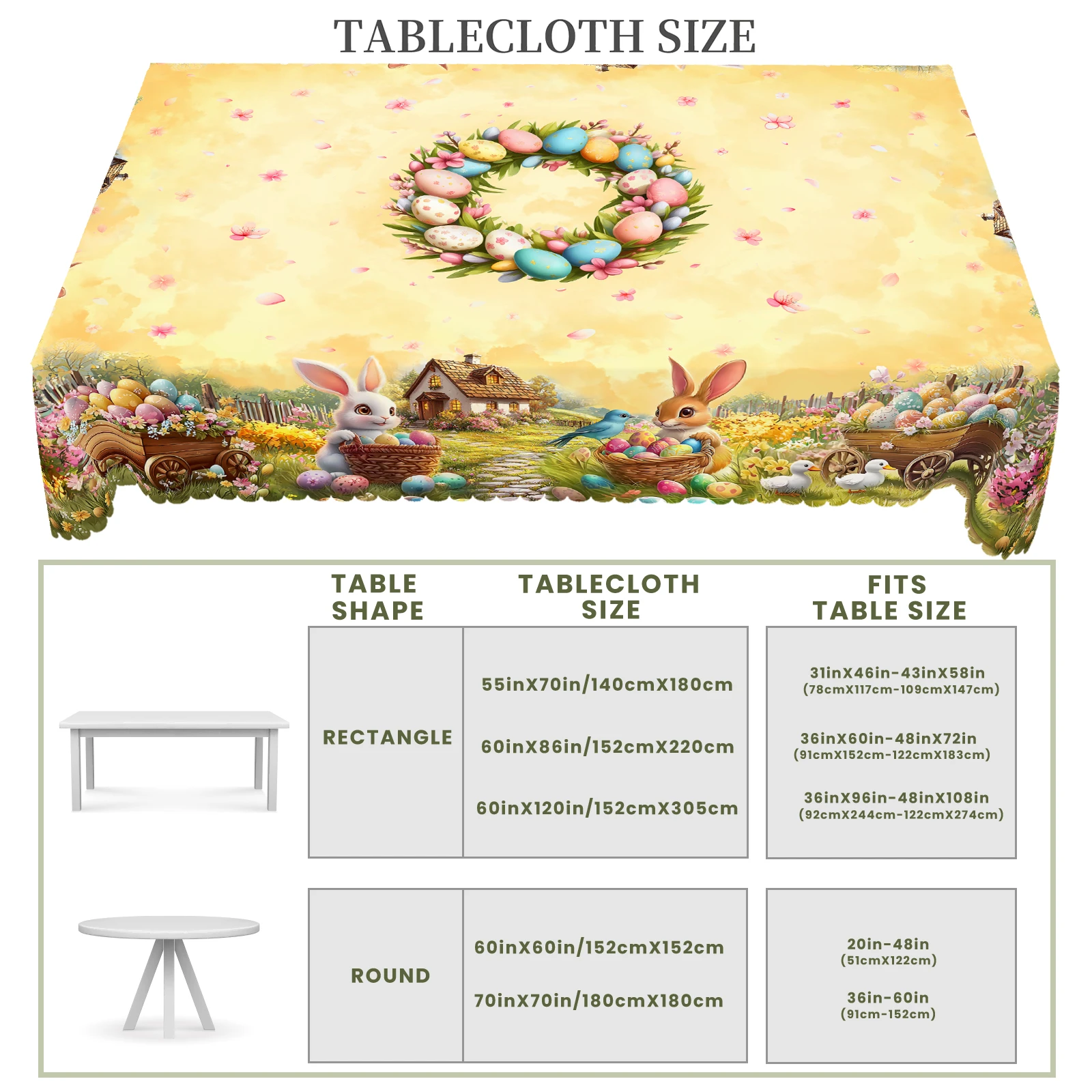 1 Easter Round Tablecloth, 5 Sizes Available, Spring Cute Rabbit Easter Egg Grass Map Pattern Printed Tablecloth, Edge Embossing Process, Spring Garden Tablecloth Decoration, Tablecloth for Daily Home Kitchen, Terrace, Easter Decoration, Spring Decoration 5