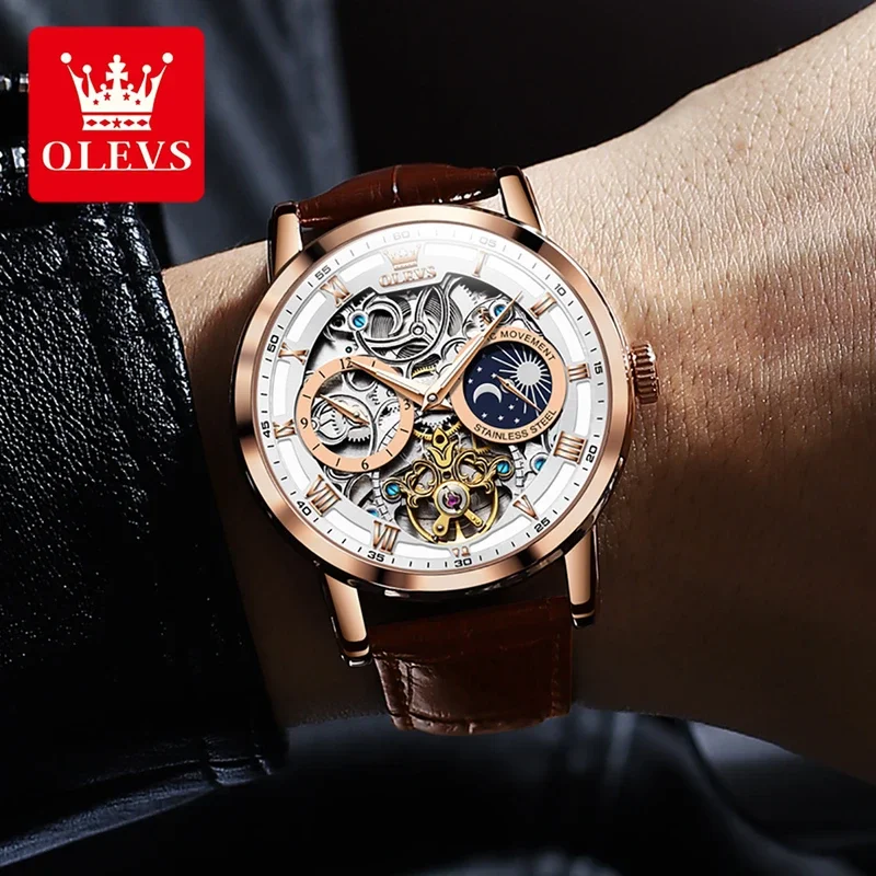 OLEVS 6670 Mechanical Fashion Watch Genuine Leather Watchband Round-dial Moon Phase Month Display 4