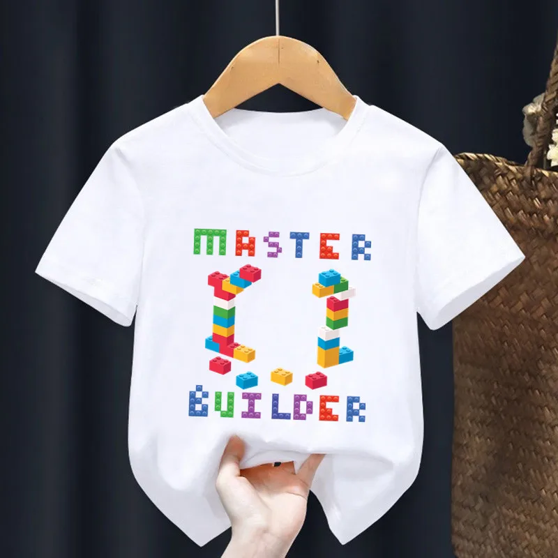 Master Builder Blocks Building Print Cartoon Kids T shirt Girls Summer Tops Baby Boys Clothes Children Short Sleeve T-shirts 4