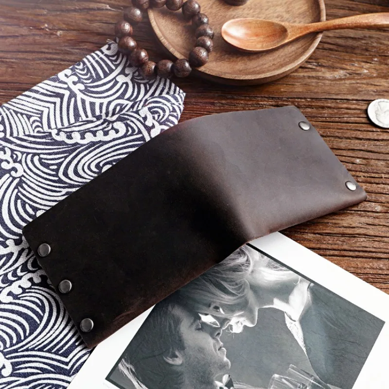 Genuine Leather Wallets for Men Handmade Vintage Crazy Horse Leather Slim Bifold Men's Wallet with Hasp Coin Pocket Coin Purse