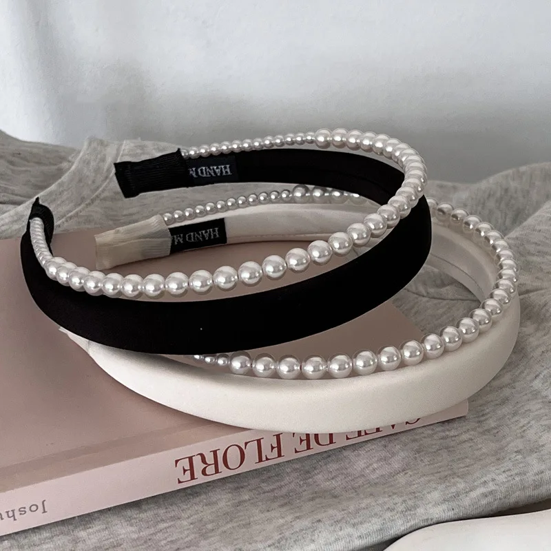 

2023 Korean Imitation Pearl Satin Double-layer Hair Band Headwear Creative Vintage Temperament Female Hair Hoop Hair Accessories