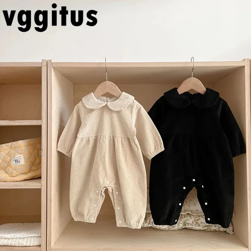 

Autumn Baby Girl Boy Retro Corduroy Rompers Apricot/Black Peter Pan Collar Long Sleeve Jumpsuit Newborn Crawling Clothes E23313