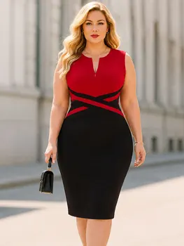 Plus Size Dress Women Elegant Front Zipper Sleeveless Business Knee Length Colorblock Party Bodycon Sheath Peencil Dress S-5XL