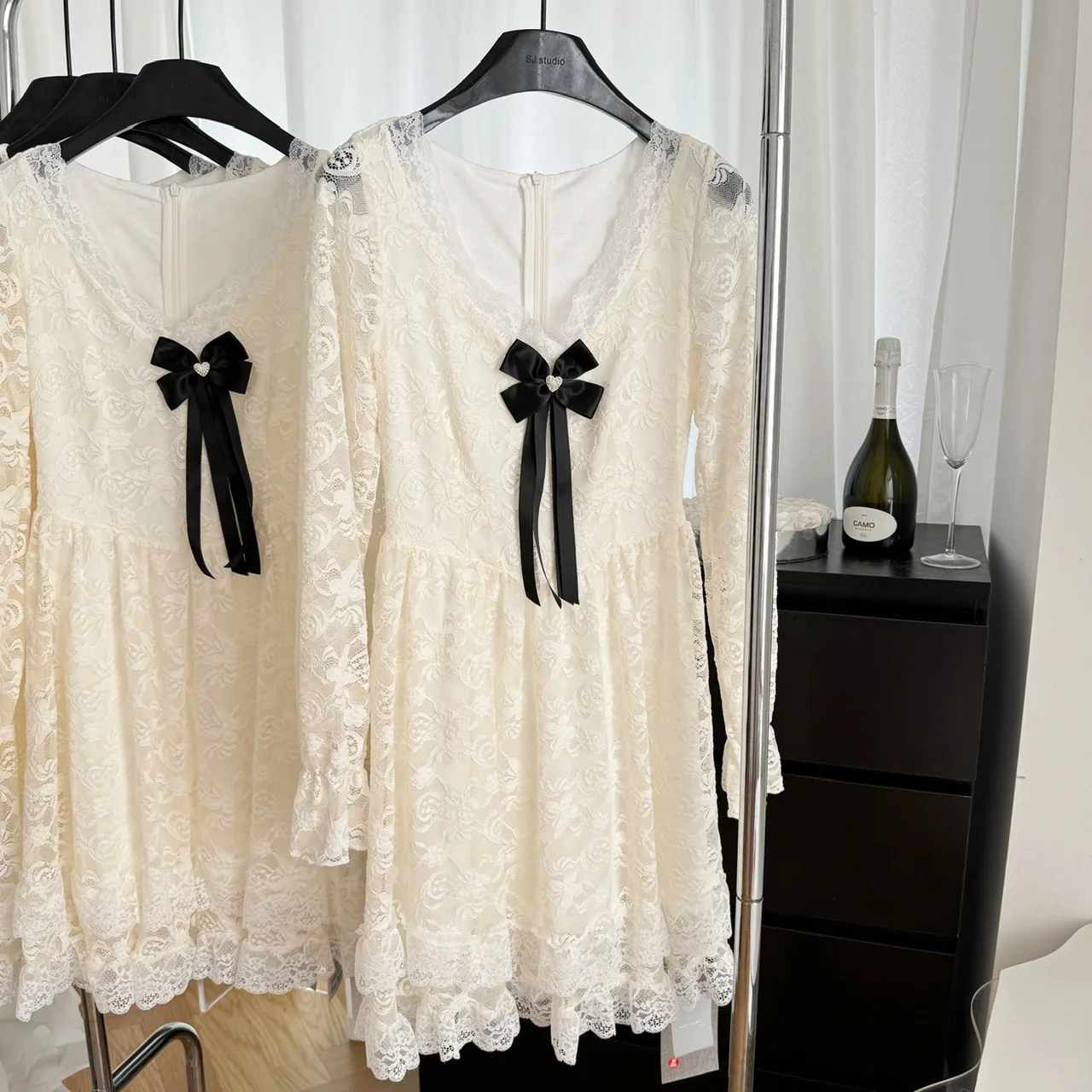 Elegant Lace Mini Dresses Women V-neck Long Sleeve Ruffles A-line Autumn New Sweet Korean Fashion Party Dress Female Vestidos