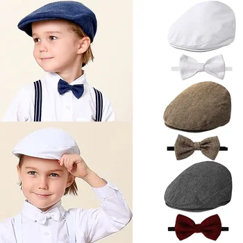 Baby Hat Kids Cap Toddler Birthday Baptism Accessorie Newborn  Christening Newsboy Vintage Driver Beret with Bow Tie 1