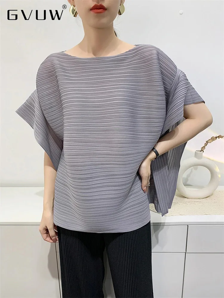 

Женская футболка с оборками GVUW, плиссированная футболка с круглым вырезом, однотонная универсальная свободная нишевая дизайнерская летняя повседневная женская одежда 17G6219