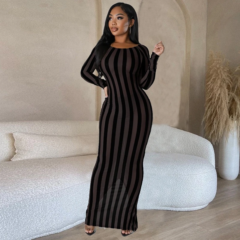 

Striped Mesh Dress Women's Long Dresses For Special Events Sexy Off Shoulder See Through Nightclub Women Y2k Style Vintage Cloth