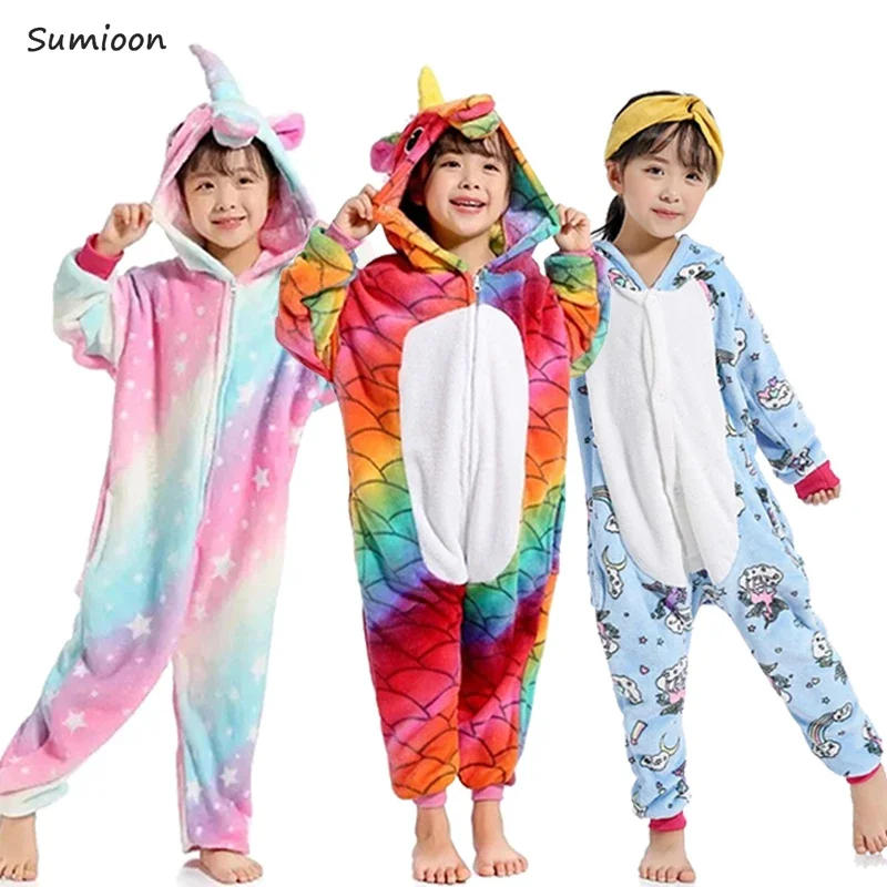 Kigurumi Unicorn Pajamas Animal Onesie for Children Girls Boys Sleepwear Kids Cartoon Licorne Cat Pyjama Suit Winter Overalls