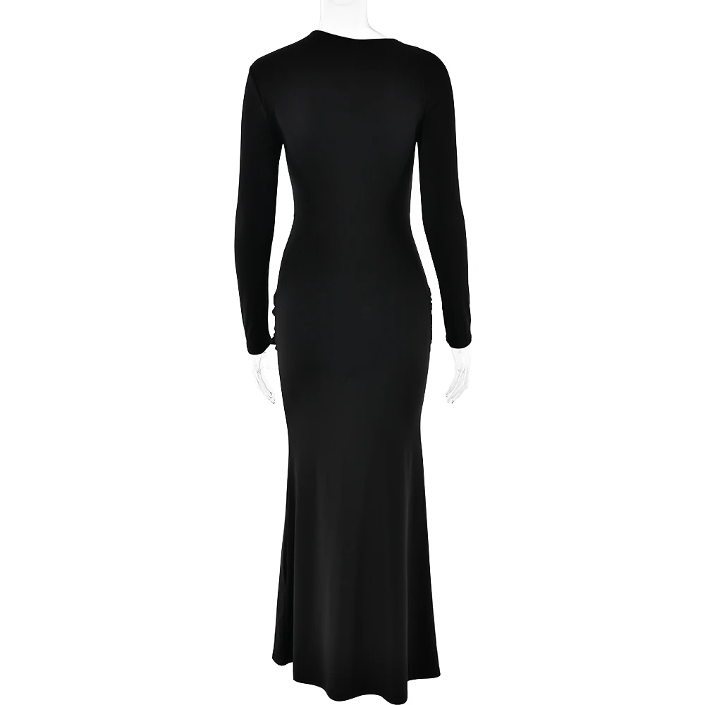 Elegant Long Sleeved Elastic Tight Long Dress Women Bodycon Pleated Evening Dress Slimming Party Club Vestido Fall