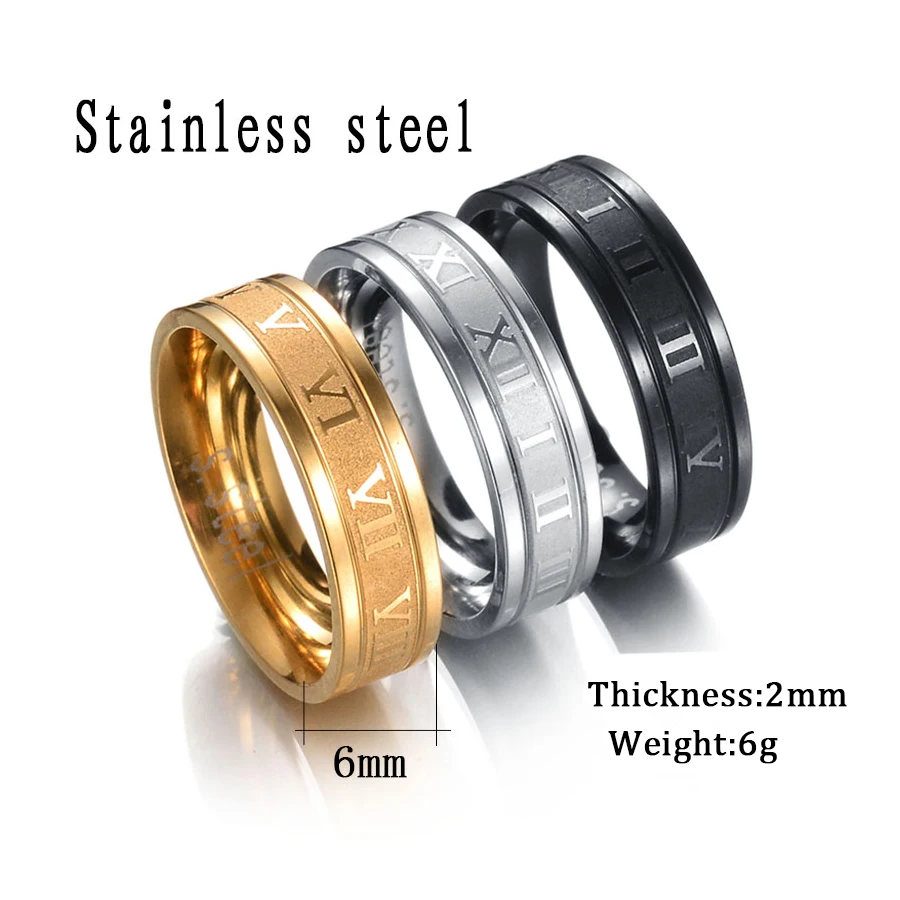 Freeteeme Vintage Roman Numbers 6mm Width Ring Wedding Fashion Stainless Steel Couple Rings for Woman Men Jewelry Birthday Gifts 2