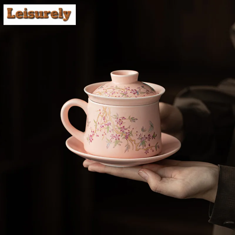 230ml Pink Glaze Wisteria Flower Filter Tea Separator Cup Ancient Tea Mug With Infuser Tea Soaking Office Water Cup Teaset Craft