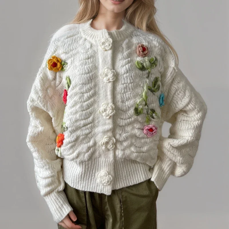 Anewsta Spring & Autumn Handmade Floral Embroidered Hollow Out Knitted Cardigan