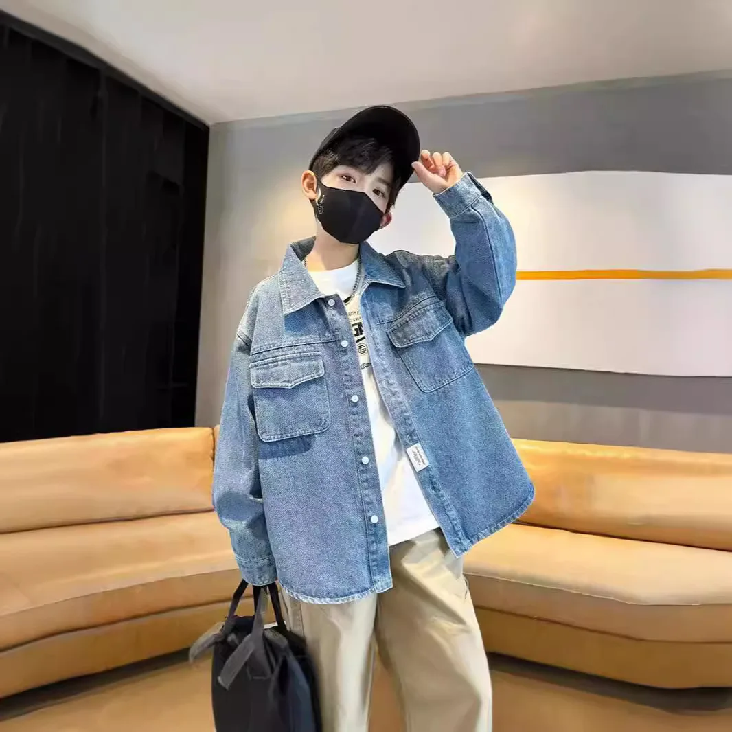 한국 어린이 소년 데님 재킷 턴 다운 칼라 싱글 브레스트 베이비 보이 코트 얇은 긴 소매 포켓 다목적 3-14Y 소년