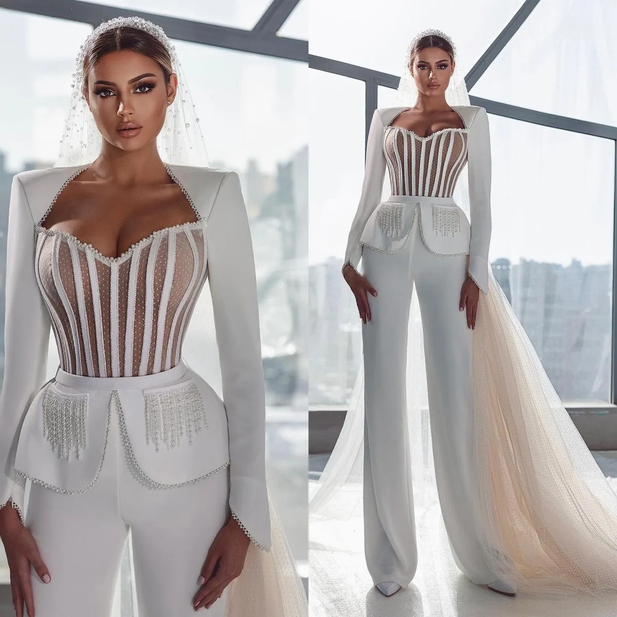 

Elegant Wedding Dress With Pearls TASSEL New Sexy Sweetheart Tulle Brush Train Bridal Gowns Hot Sale Robe De Mariage Vestido