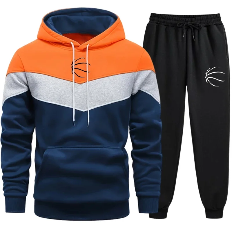 Men's Tricolor Striped Hoodies and Sweatpants Autumn Winter Sportswear