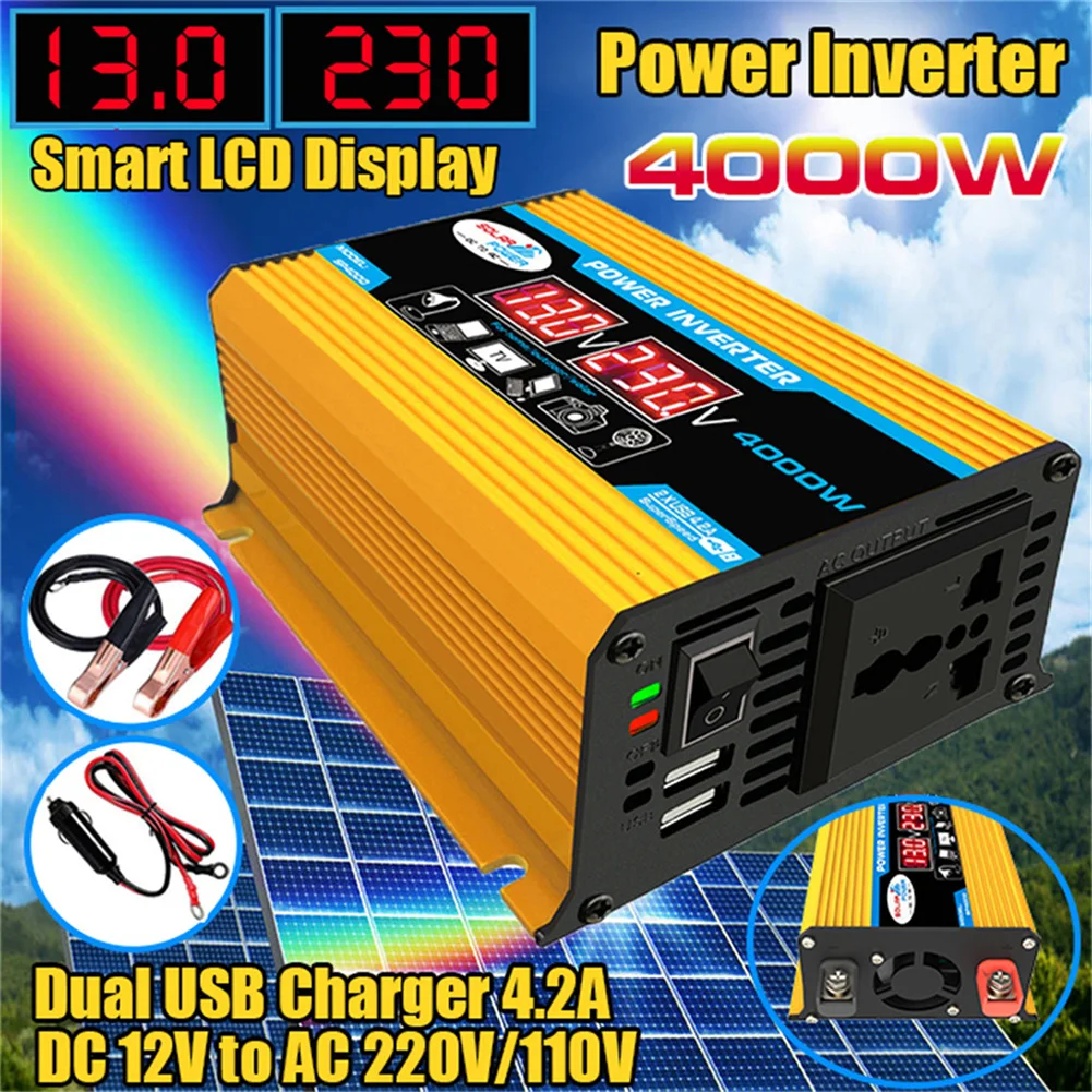 200W Auto-Wechselrichter, Spannungswandler 12V bis 220V mit Smart Time  Display LCD, 2 Steckdosen und 4 USB C