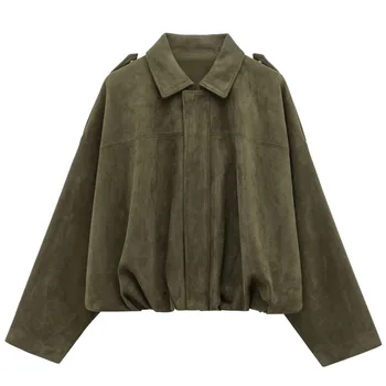 سترة نسائية ربيعية HXAO 2025 من جلد الغزال بسحاب ملابس خارجية فضفاضة عصرية عتيقة معطف أسود وأخضر ملابس خروج غير رسمية 2