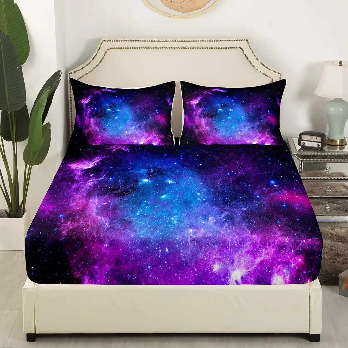 Purple Galaxy Bedding Set Kid Teen Girl Boys Starry Sky Fitted Sheet Space Universe Star Design, Soft Breathable Home Decorative 3