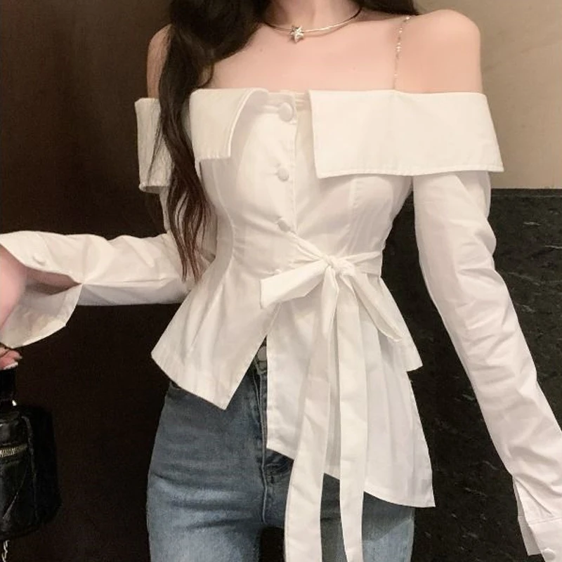Women Sexy Off Shoulder Lace Up Elegant Shirts 2024 Spring Fashion Asymmetrical Design Chic Blouses White Slim Long Sleeve Tops
