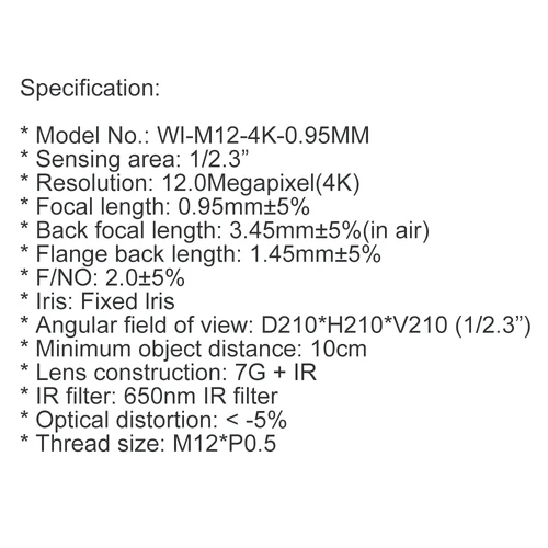 4K CCTV 렌즈, 0.95mm, 210 도 어안 F2.0, 1/2.3 인치, 650nm IR 필터, 항공 사진, 얼굴 인식 드론, FPV 카메라 렌즈 4