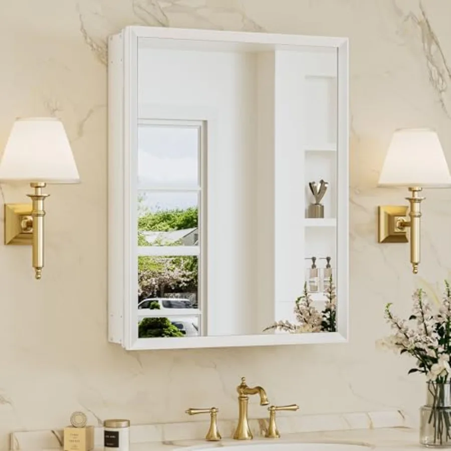 Bathroom medicine cabinet: white aluminum frame beveled mirror stepless adjustable shelves recessed installation 20 x 26 inches