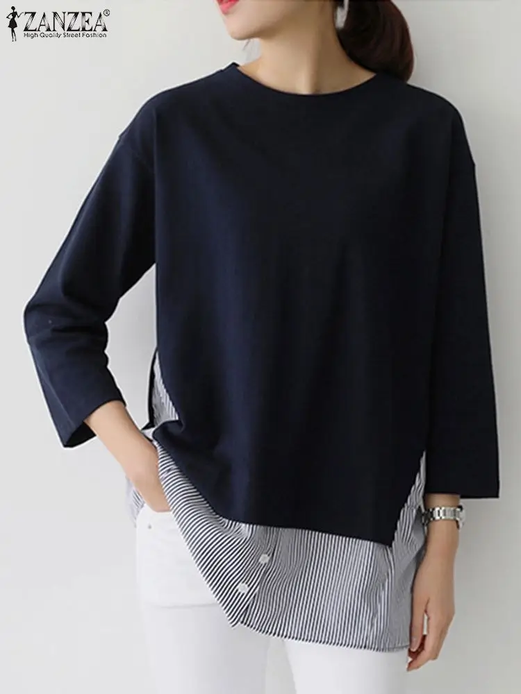

Стильная женская блузка ZANZEA с круглым вырезом и рукавом 3/4 в стиле пэчворк, весенние полосатые топы, Повседневная Свободная Женская рубашка, Женские винтажные рабочие блузы