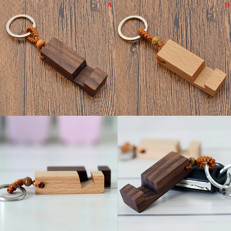 Personalized Solid Wood Keychain with Creative Phone Holder Pendant