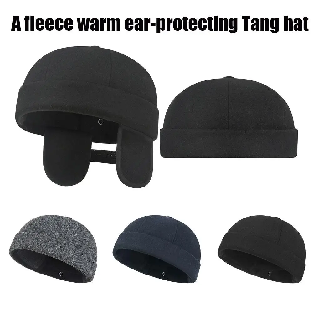 Men Warm Fleece Fabric Beanies Windproof Outdoor Running Cap Winter Landlord Hat Ear Protection Caps Korean Hip Hop Street Hat