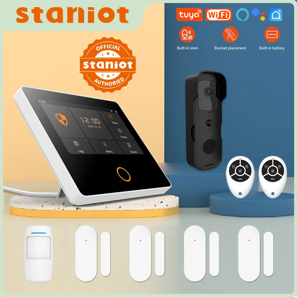 Staniot WiFi Tuya Smart Home Burglar Alarm Kit Wireless Security Protection System 4.3" IPS Touch Screen Built-in 10 Languages