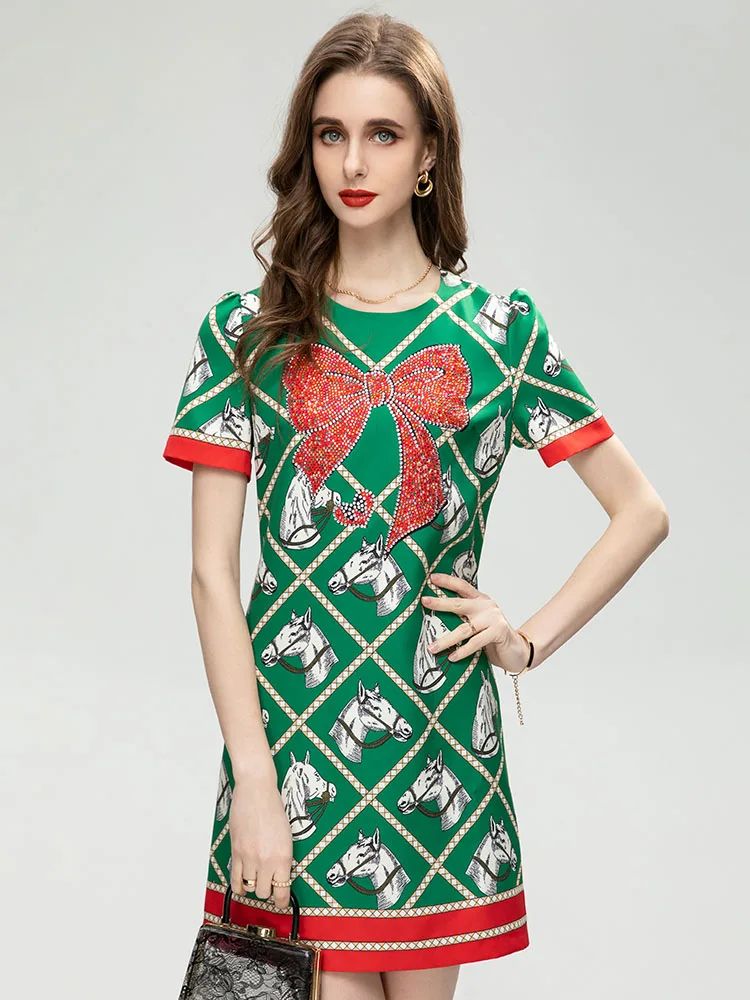 

MoaaYina Fashion Designer dress Summer Women's Dress Short Sleeve Lattice Animal Printing Beading Dresses