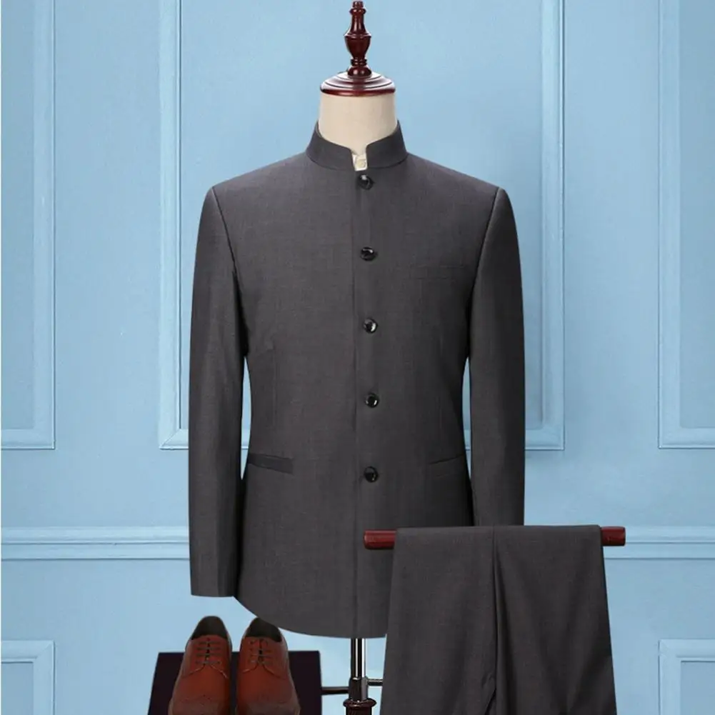 Men Zhongshan Set Chinese Style Stand Collar Wedding Bridesman Dress Suit Single breasted Slim Sets Business Set