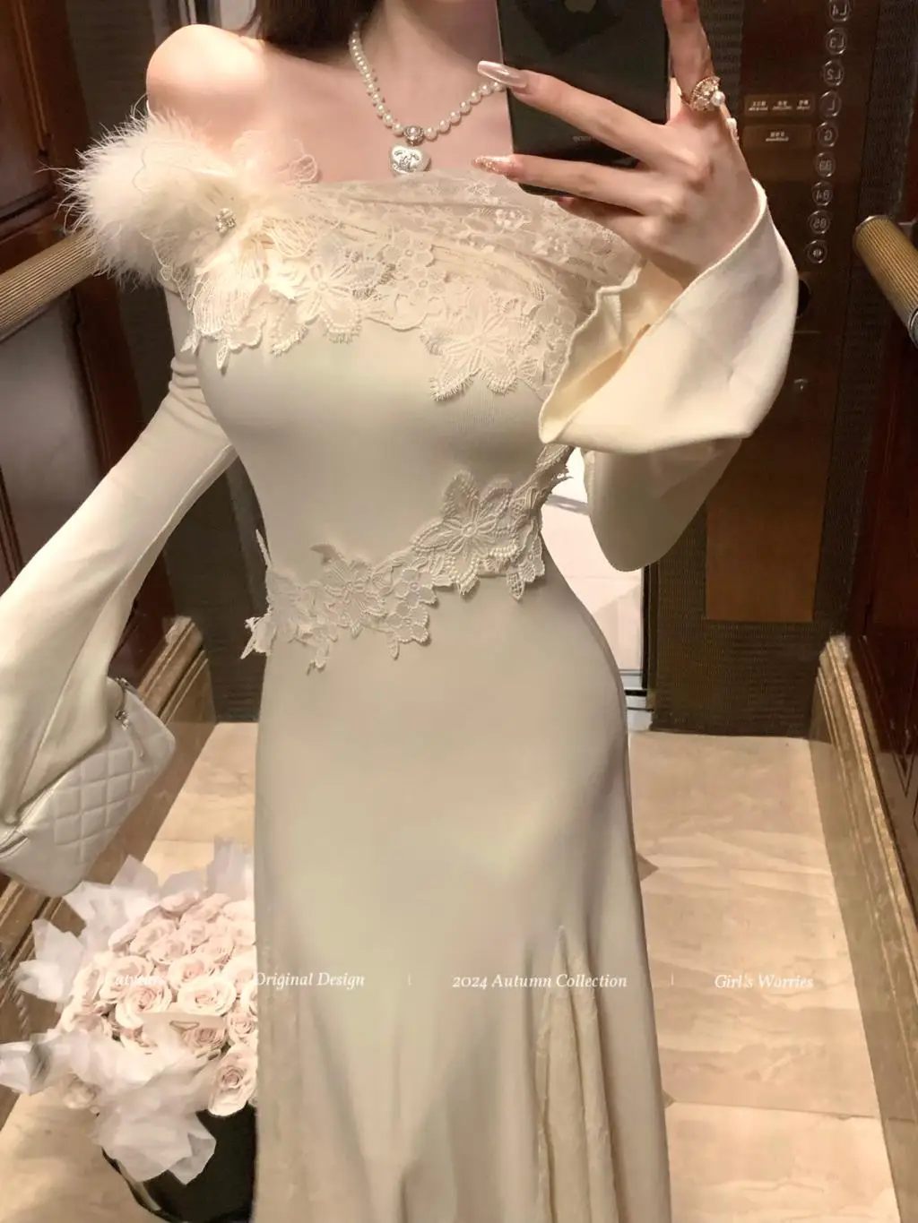 Vestidos de punto nuevos de otoño e invierno para mujer, cuello alto, manga acampanada, encaje de retazos, corte sirena, moda coreana, Vestidos para mujer