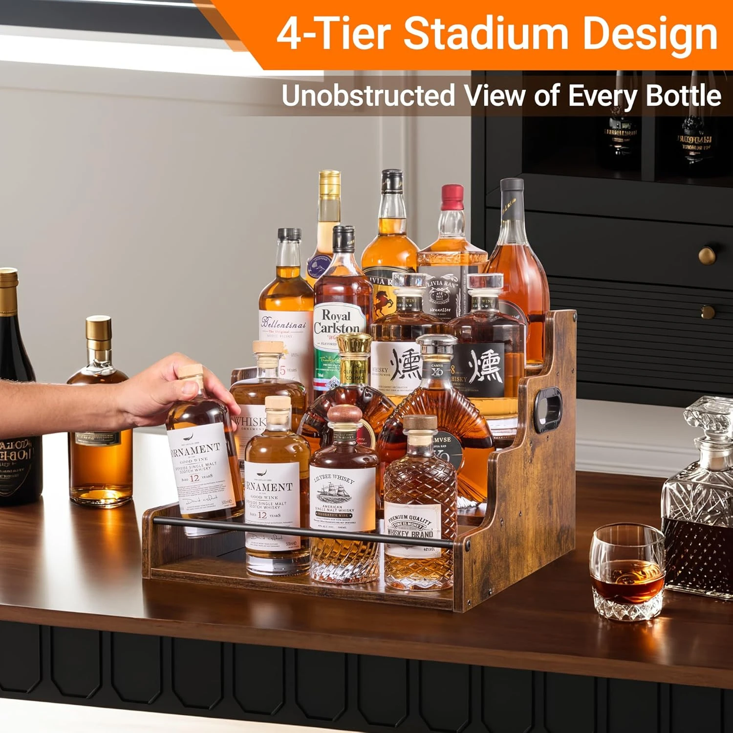 Liquor Bottle Display Shelf, Coffee Syrup Rack Organizer, 3 Step Countertop Liquor Wine Rack, mini bar,liquor cabinet, Home Retro Bar Shelf Stand for Liquor Whiskey, Spirits 4