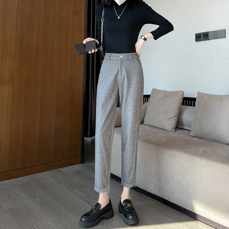 New Thickened Woollen Trousers Women Autumn Winter High Waist Casual Loose Straight Suit Pants Ankle-Length Cigarette Pants